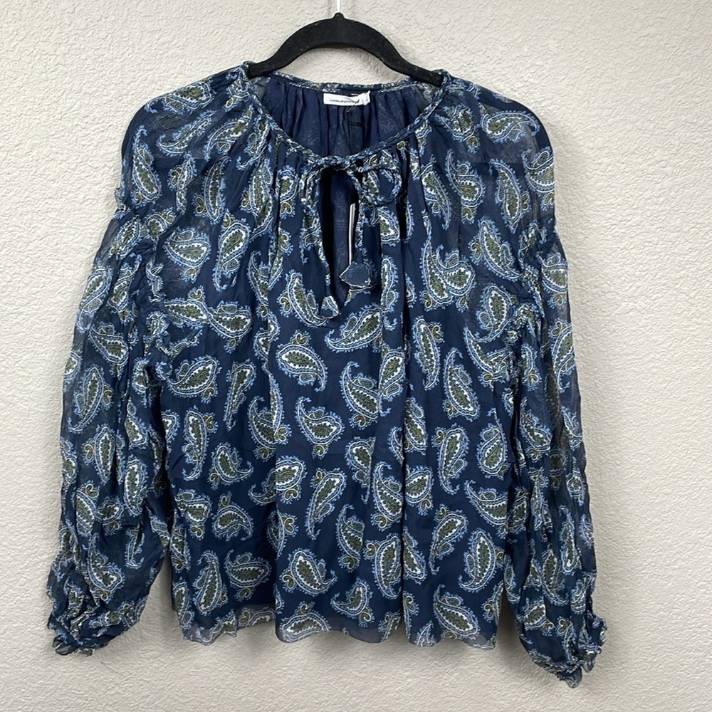 NWT Unsubscribed Romantic Blouse Navy Blue Paisley Silk Long Sleeve Oversized 6